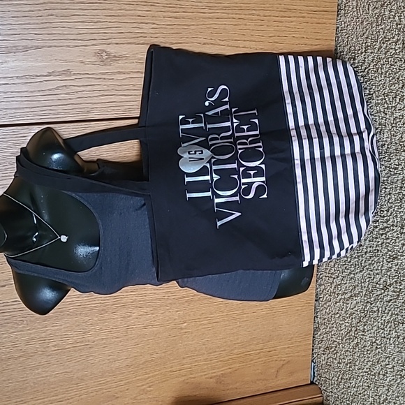 Victoria’s Secret | XL Tote Bag I Love VS Black Pink Striped | Zipper to close - Picture 2 of 14